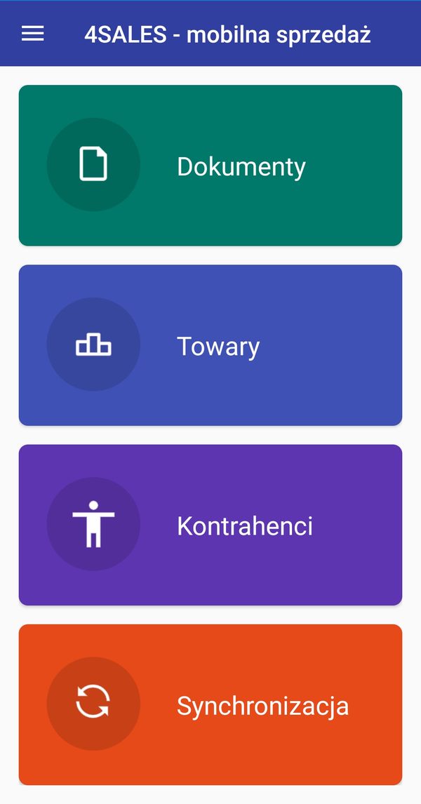 Ekran 4SALES: menu główne aplikacji mobilnej sprzedaży — dokumenty, towary, kontrahenci i synchronizacja.