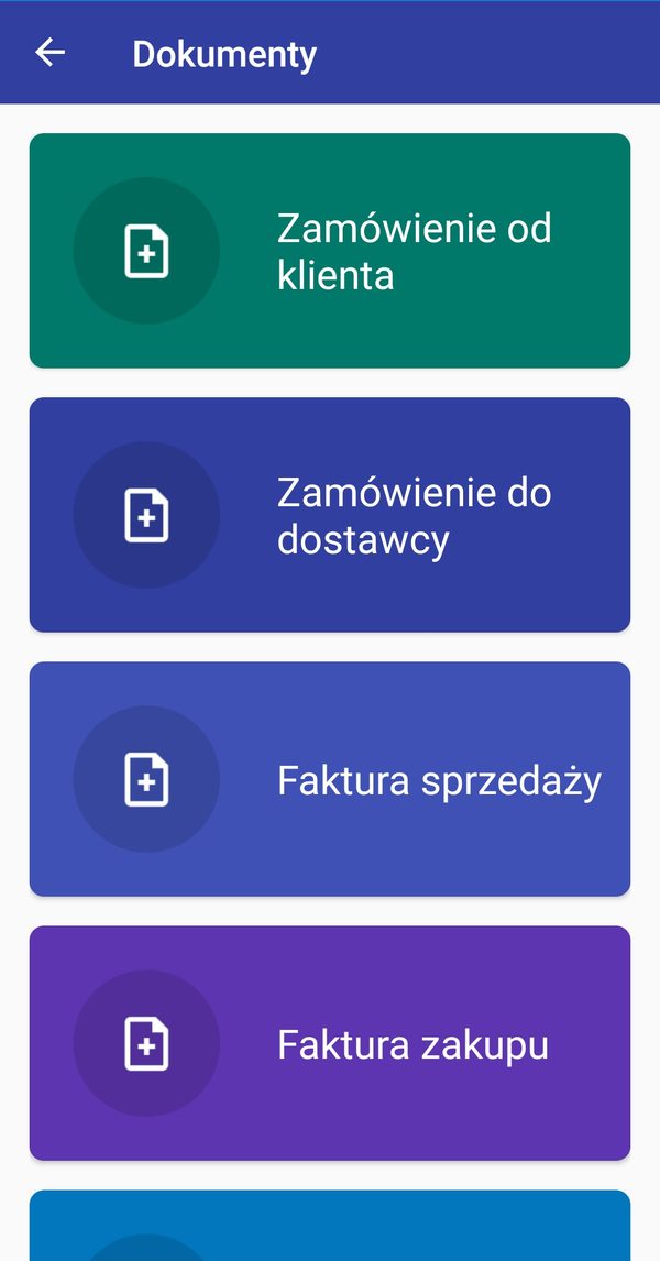 Ekran 4SALES: dokumenty handlowe wystawiane u klienta — zamówienie od klienta, zamówienie do dostawcy, faktura sprzedaży, faktura zakupu.