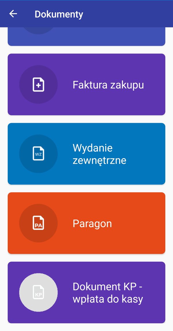 Ekran 4SALES: dalsze dokumenty — faktura zakupu, wydanie zewnętrzne WZ, paragon oraz dokument KP, czyli wpłata do kasy.