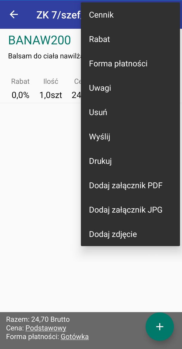 Ekran 4SALES: pozycja zamówienia z menu operacji — cennik, rabat, forma płatności, uwagi, wysyłka, wydruk oraz załączniki PDF, JPG i zdjęcia.