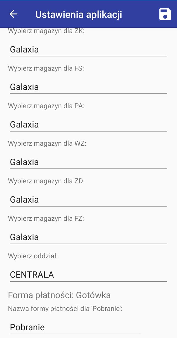 Ekran 4SALES: przypisanie magazynu do każdego typu dokumentu oraz wybór oddziału i domyślnej formy płatności.