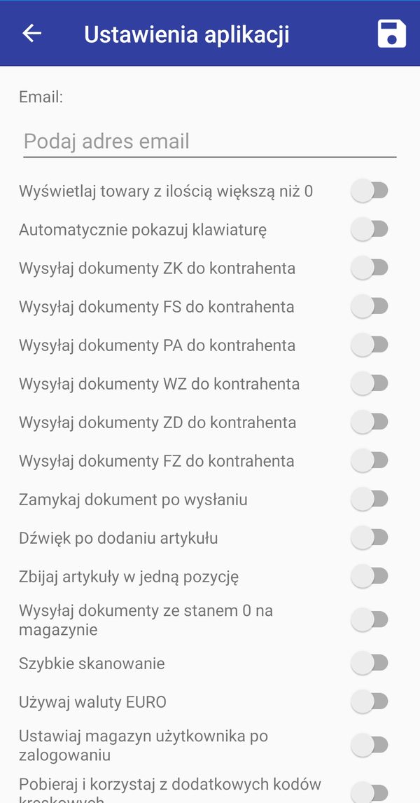 Ekran 4SALES: ustawienia wysyłki dokumentów do kontrahenta mailem wprost z urządzenia handlowca.