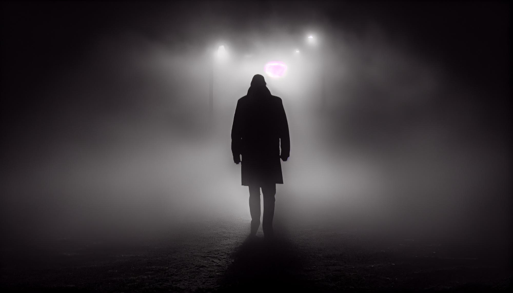 Silhouette of a person walking on a foggy street with streetlights glowing in the background.