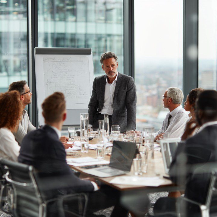 Businessman standing and speaking to colleagues seated around a conference table in a modern office with large windows and a flip chart.