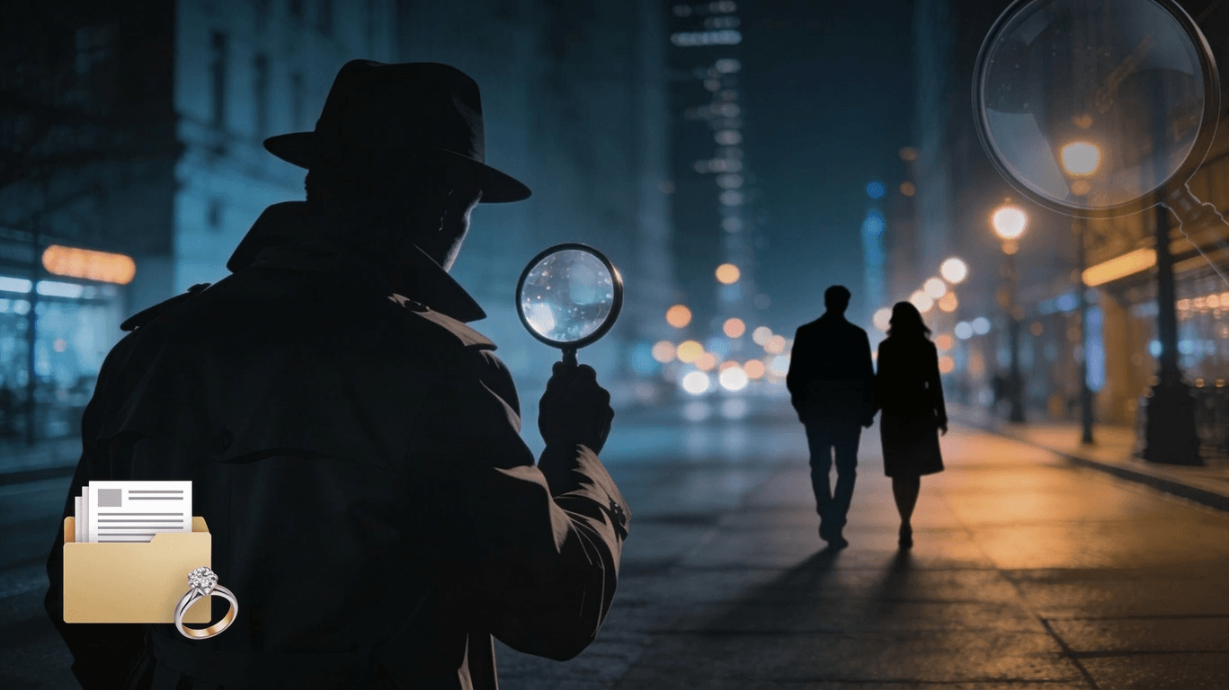 Silhouetted detective holding a magnifying glass at night, observing a couple walking on a city street.