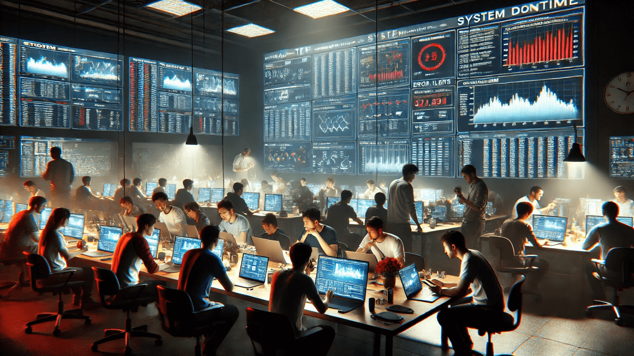 A busy control room with many people working on laptops under hanging lights, large digital data and graph screens on the walls.