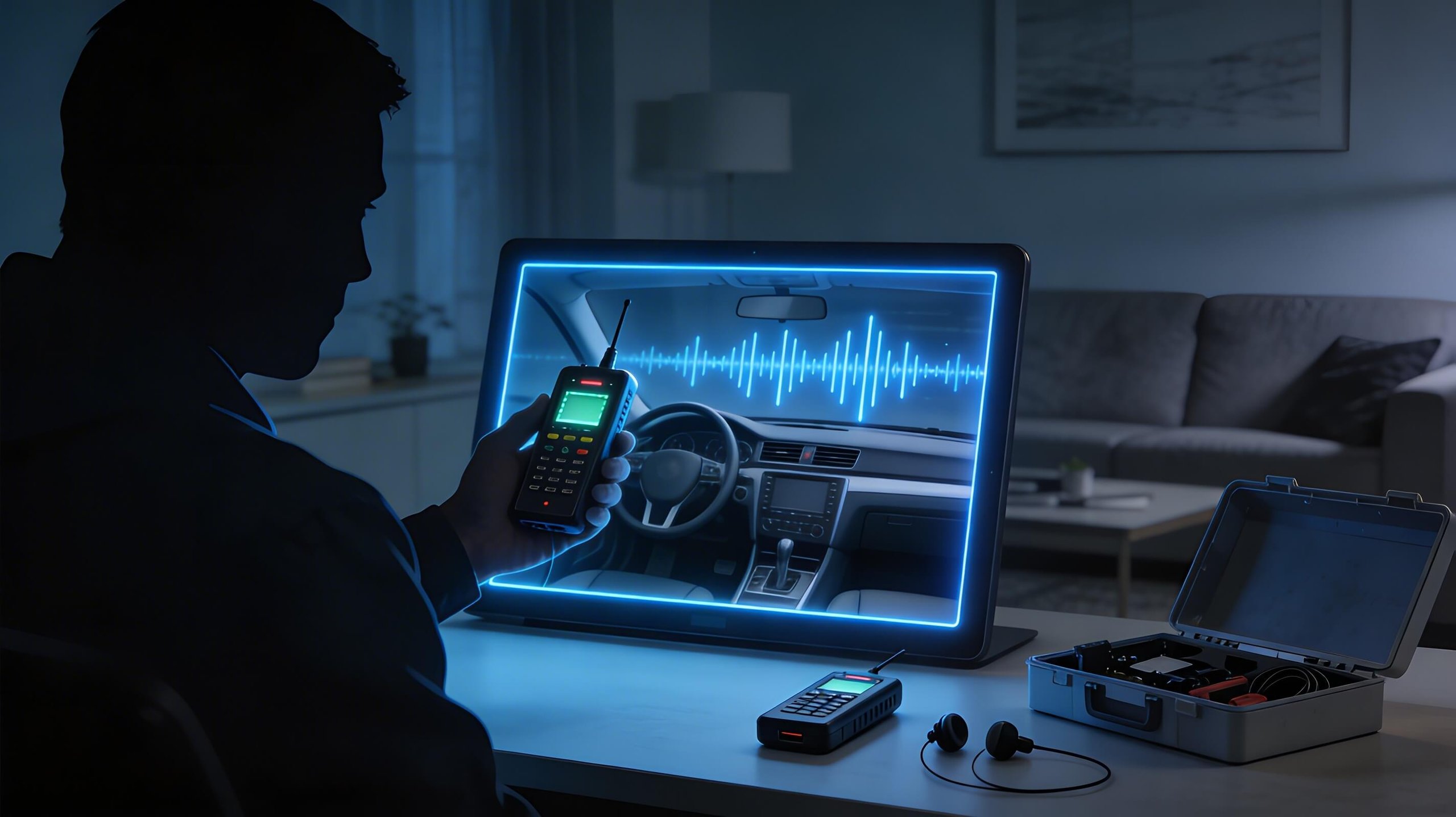 Silhouetted person holding a radio scanner near a screen displaying a car interior and audio waveform in a dimly lit room.