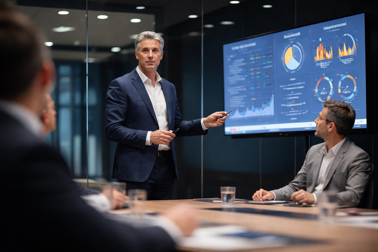 Businessman in a dark suit giving a presentation with charts on a screen to colleagues in a conference room.