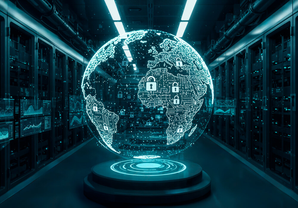 Glowing digital globe with lock icons representing cybersecurity, displayed in a dark data center room with server racks.