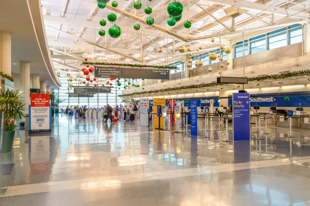The check-in hall at Midway International Airport