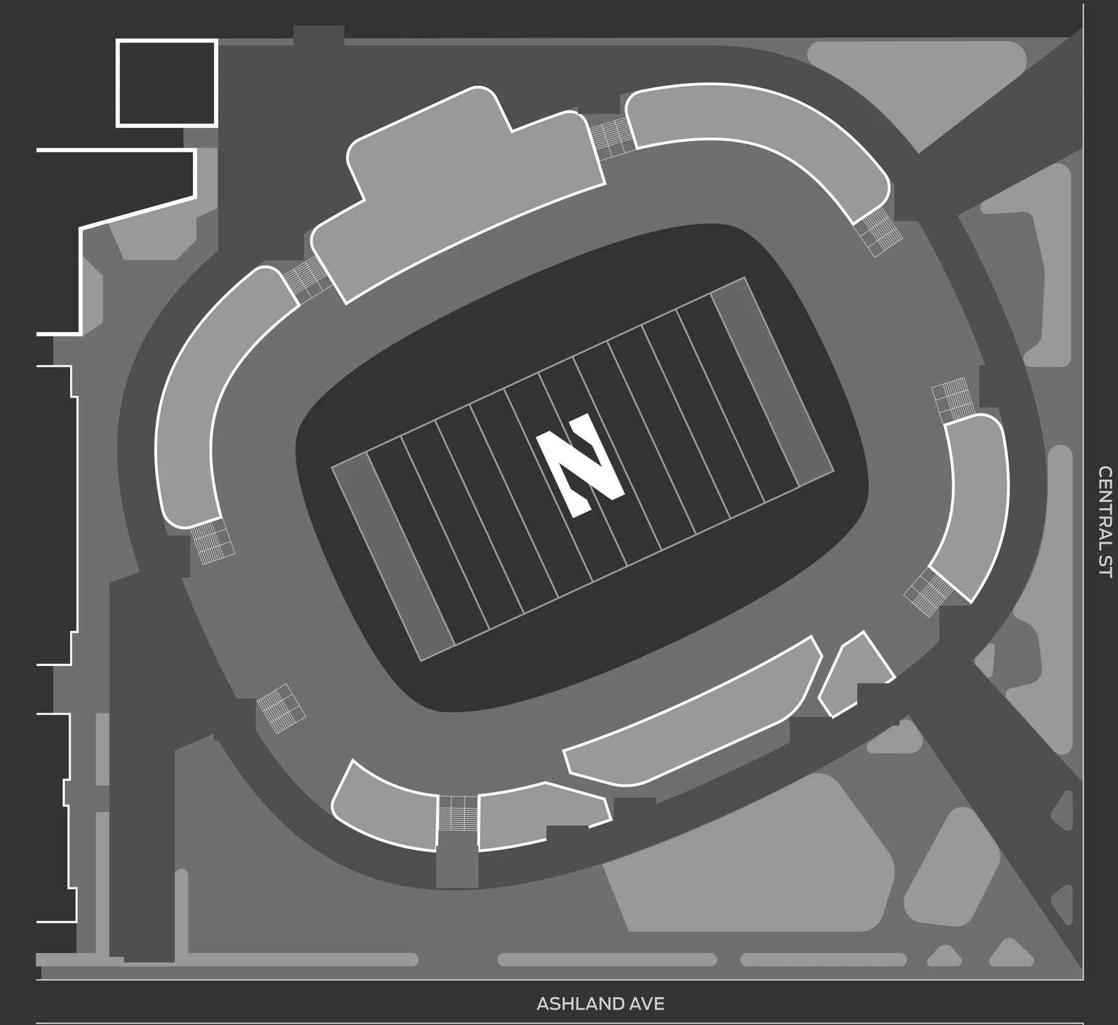 Site map of the stadium campus between Central Street and Ashland Avenue, with every gate marked