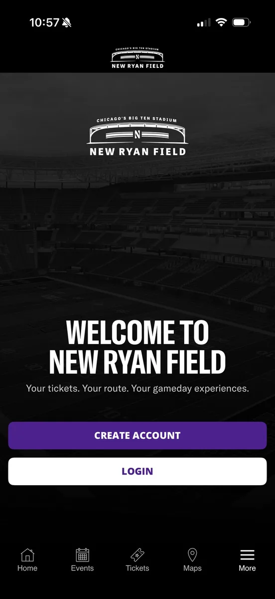New Ryan Field app: Welcome screen with Create Account button