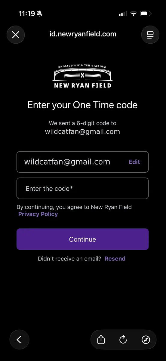 New Ryan Field app: enter your one-time code