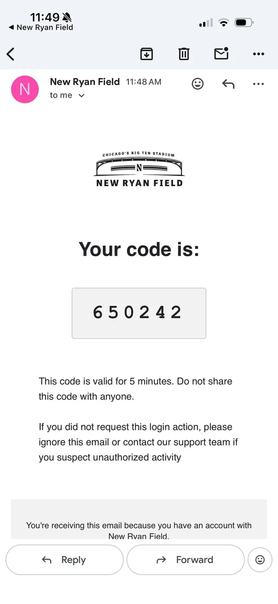 Email from New Ryan Field with your 6-digit login code