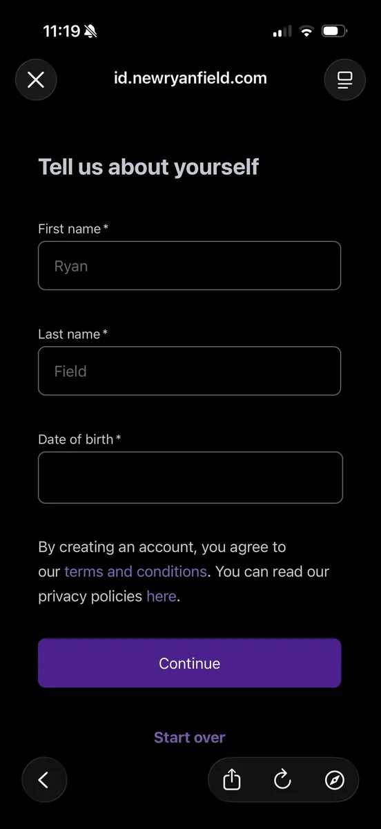 New Ryan Field app: first name, last name and date of birth form