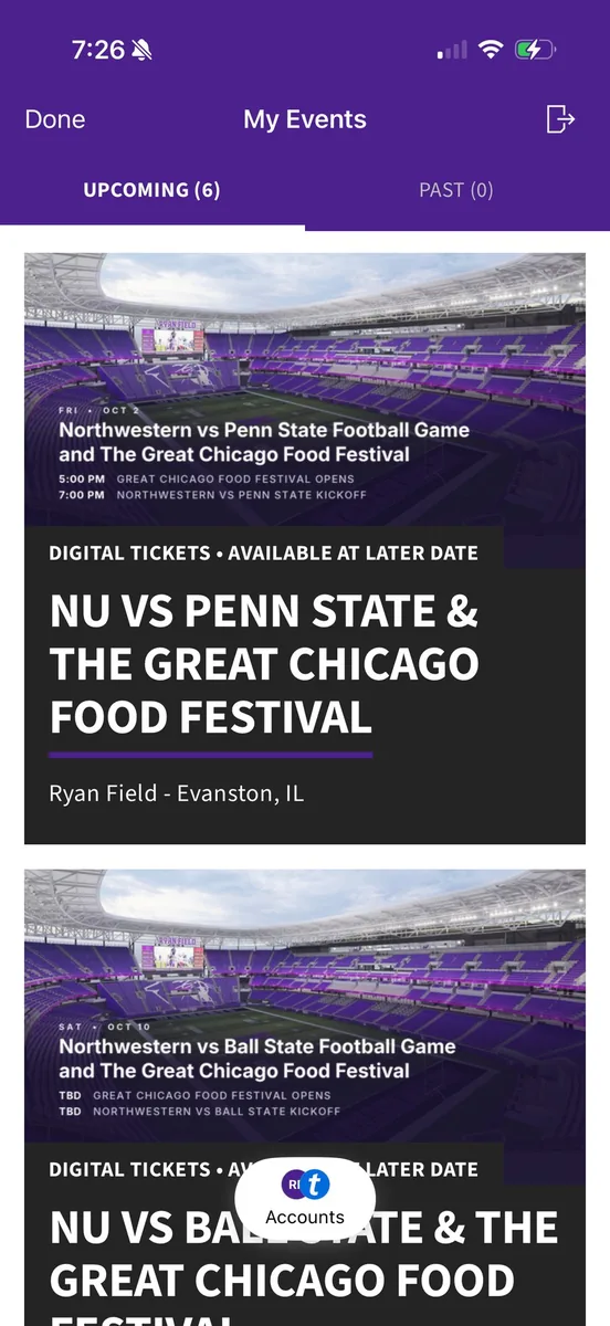 New Ryan Field app: My Events list of upcoming games