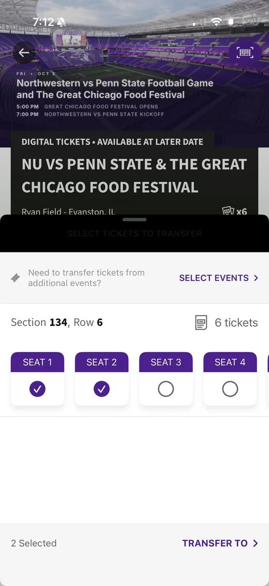 Ticket transfer: select the seats to send