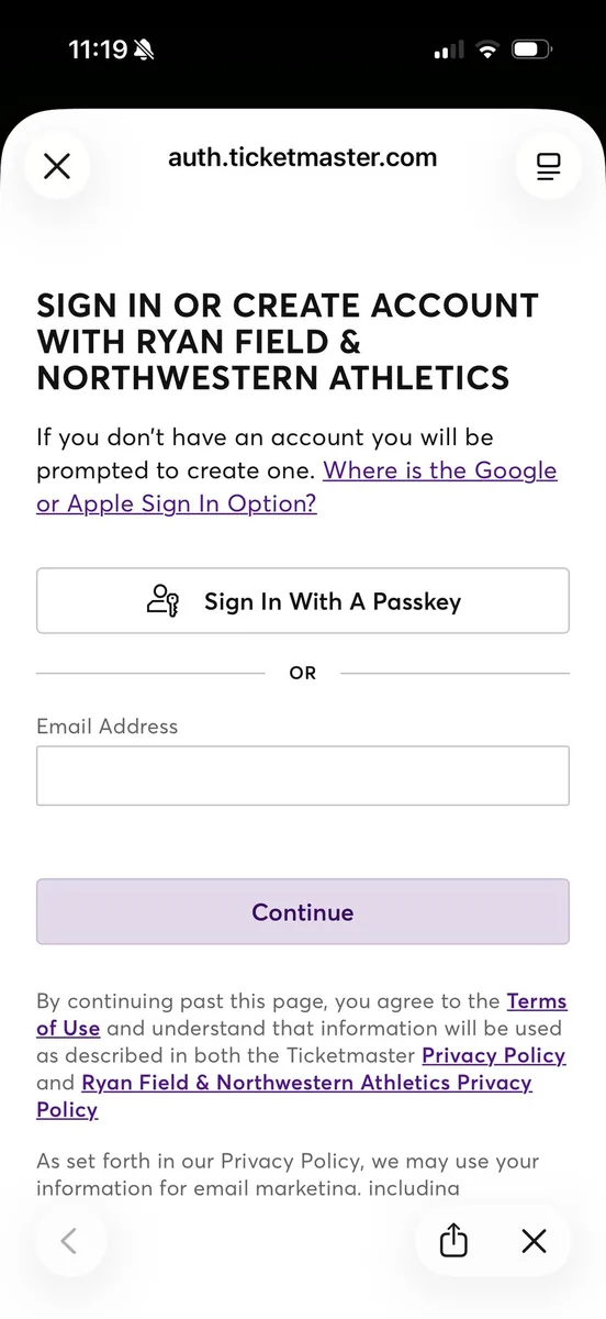 Ticketmaster sign-in screen for Ryan Field and Northwestern Athletics