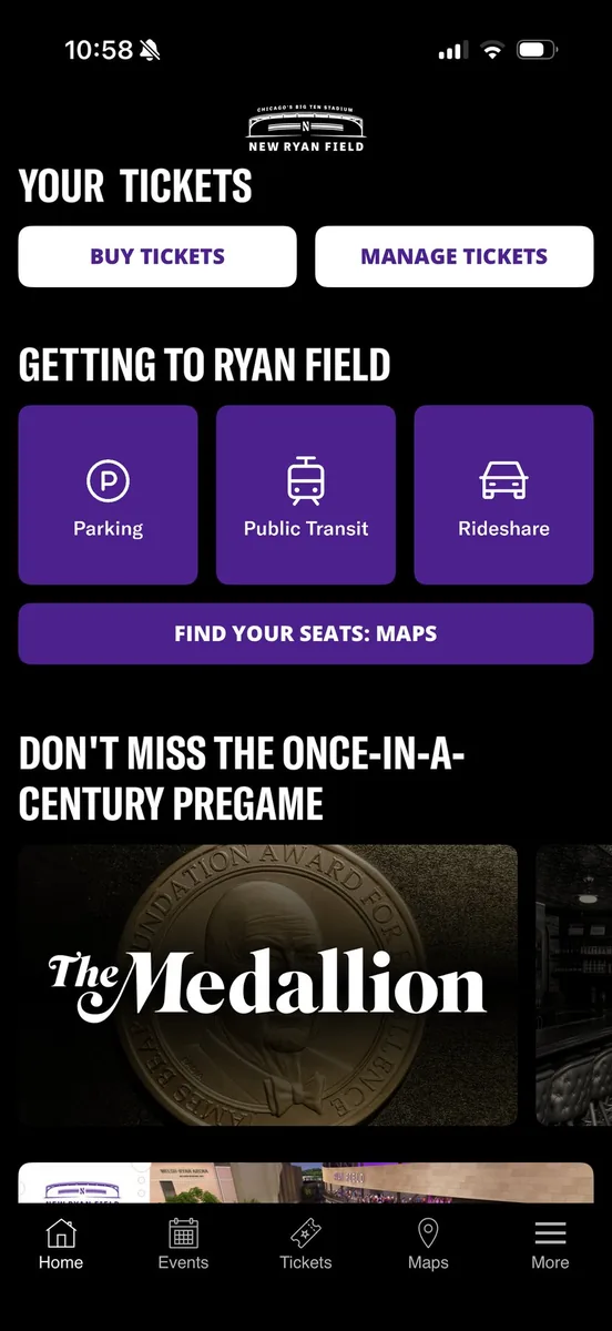 New Ryan Field app: Home screen with Buy Tickets and Manage Tickets buttons