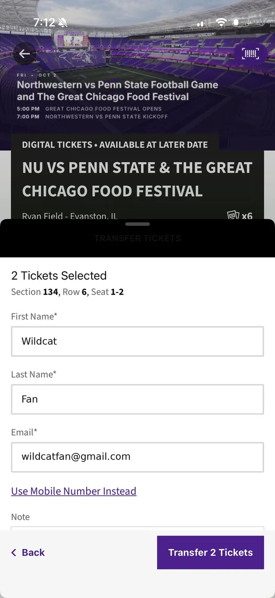 Ticket transfer: recipient name and email form