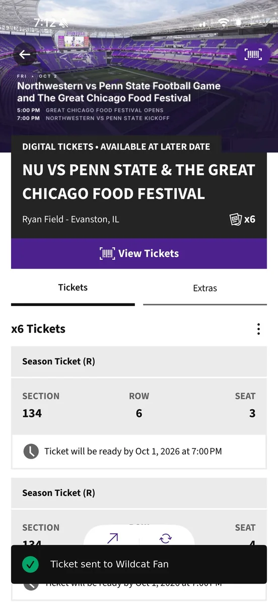 Ticket sent confirmation in the app