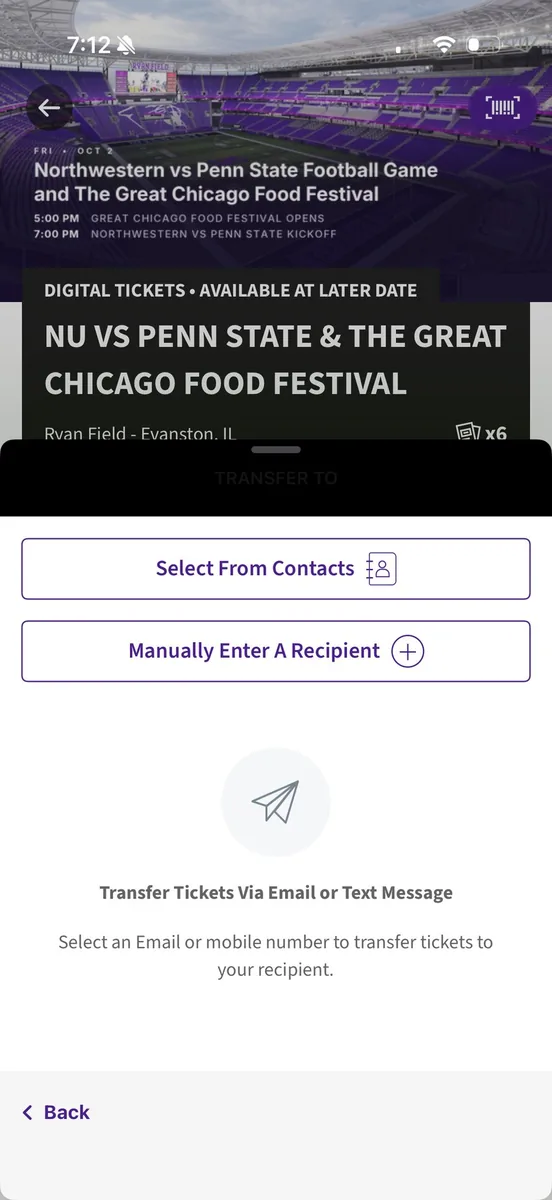 Ticket transfer: choose From Contacts or Manually Enter A Recipient