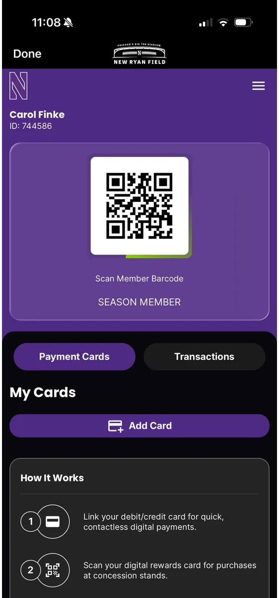 New Ryan Field app: More screen with member barcode and My Cards