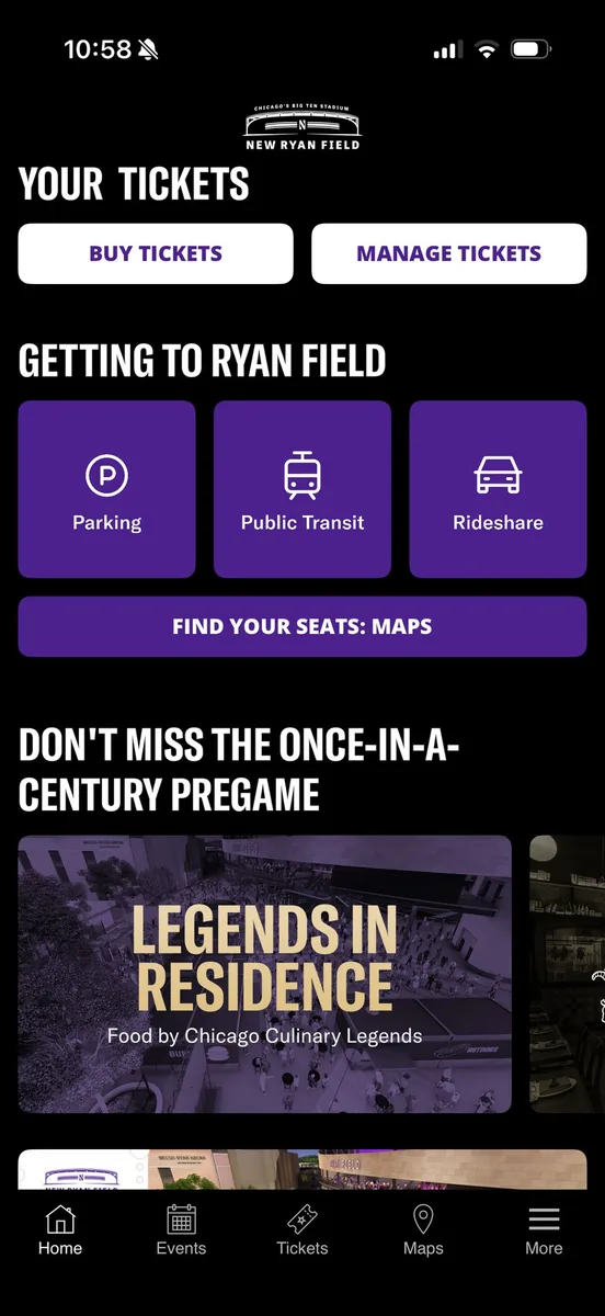 New Ryan Field app: Legends in Residence card on Home