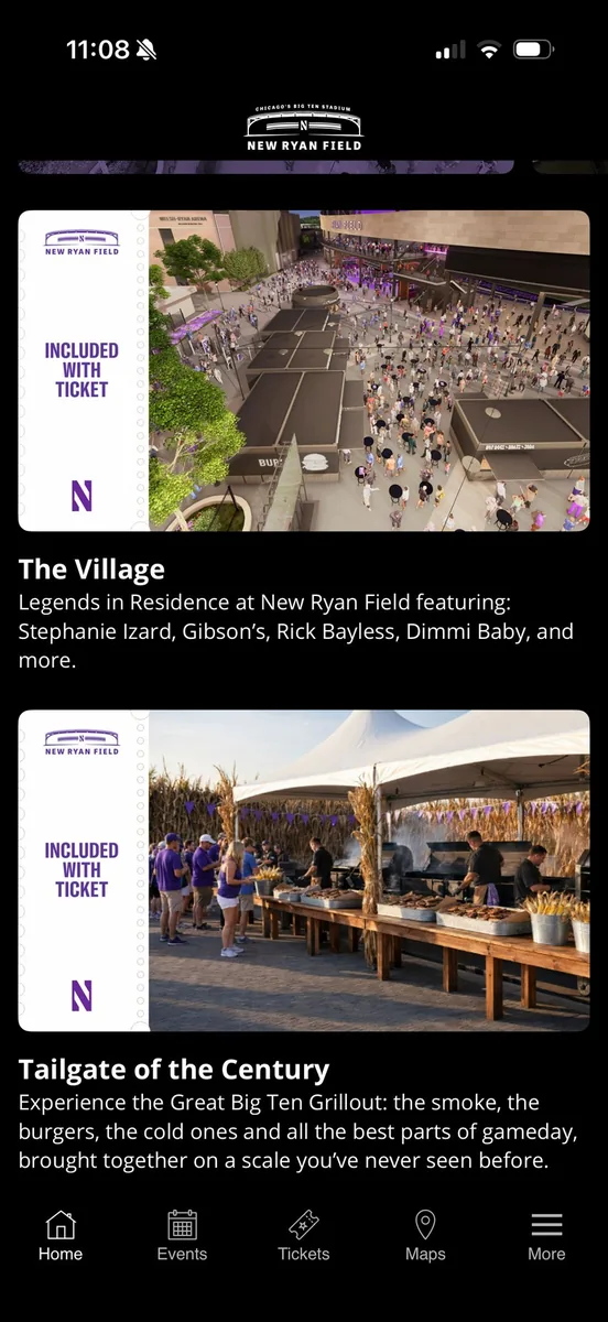 New Ryan Field app: The Village and Tailgate of the Century cards on Home