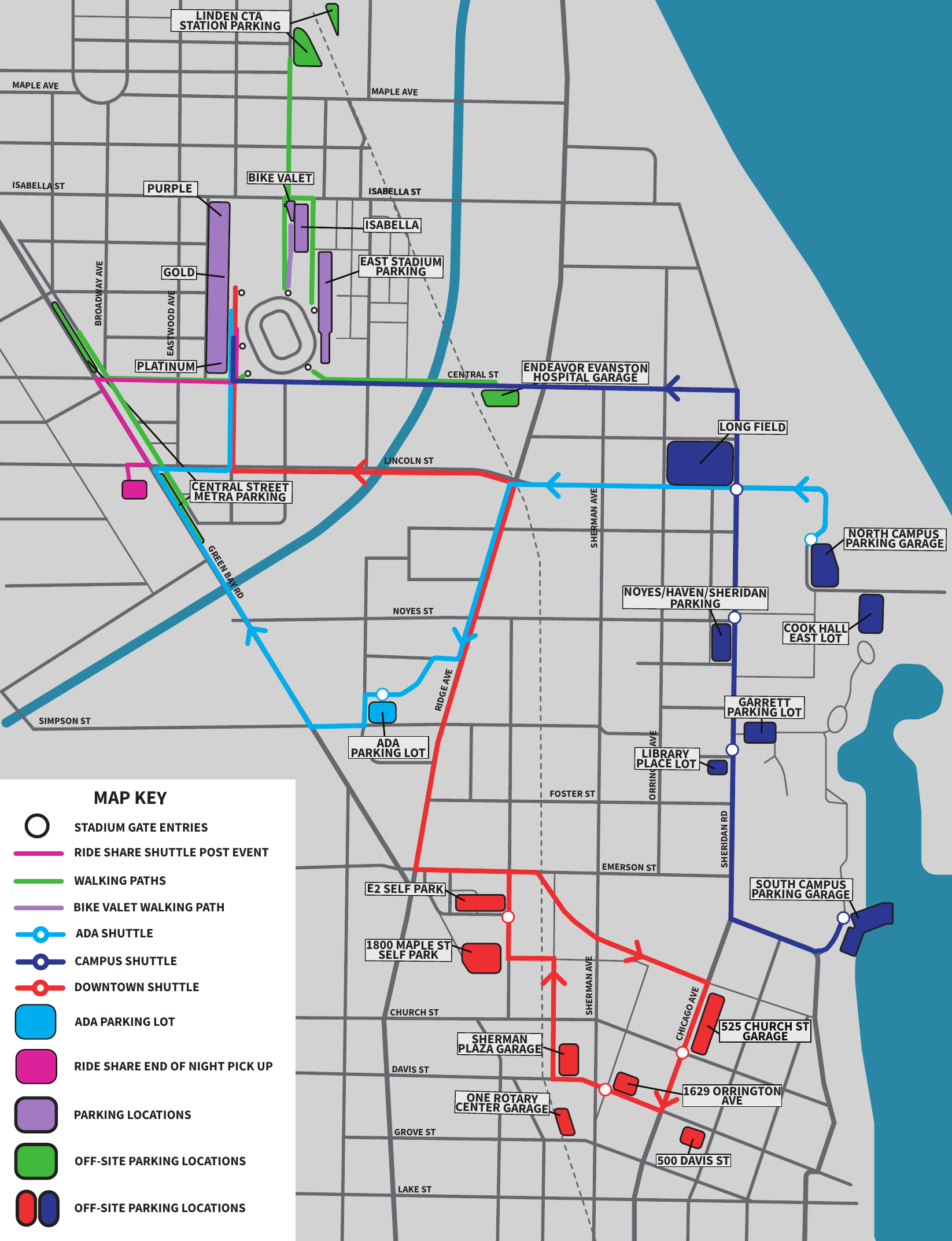Map of New Ryan Field parking, shuttle routes, ADA parking, bike valet and rideshare pickup around Evanston