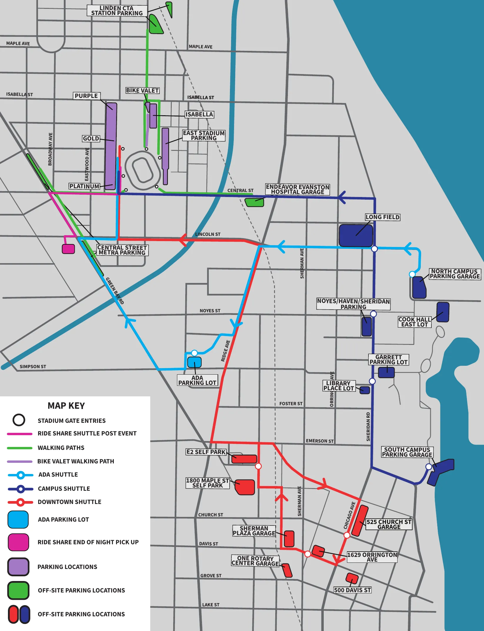 Map of New Ryan Field parking, shuttle routes, ADA parking, bike valet and rideshare pickup around Evanston