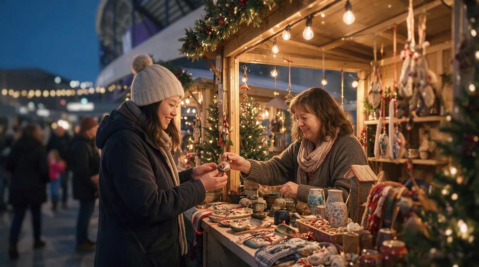 A shopper picks out a handmade ornament at an artisan market stall