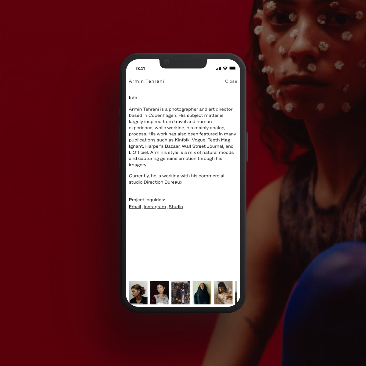 Armin Tehrani is a photographer and art director from Vancouver, currently based in Copenhagen. His subject matter is largely inspired from travel and human experience, while working in a mainly analog process. His work has also been featured in many publications such as Kinfolk, Teeth Mag, Ignant, Harper’s Bazaar, Wall Street Journal, and L'Officiel. 