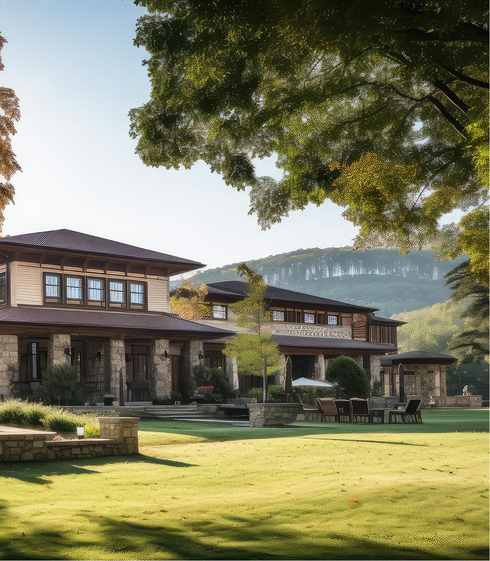 Large stone and wood house with a shaded outdoor seating area surrounded by green lawn and trees.