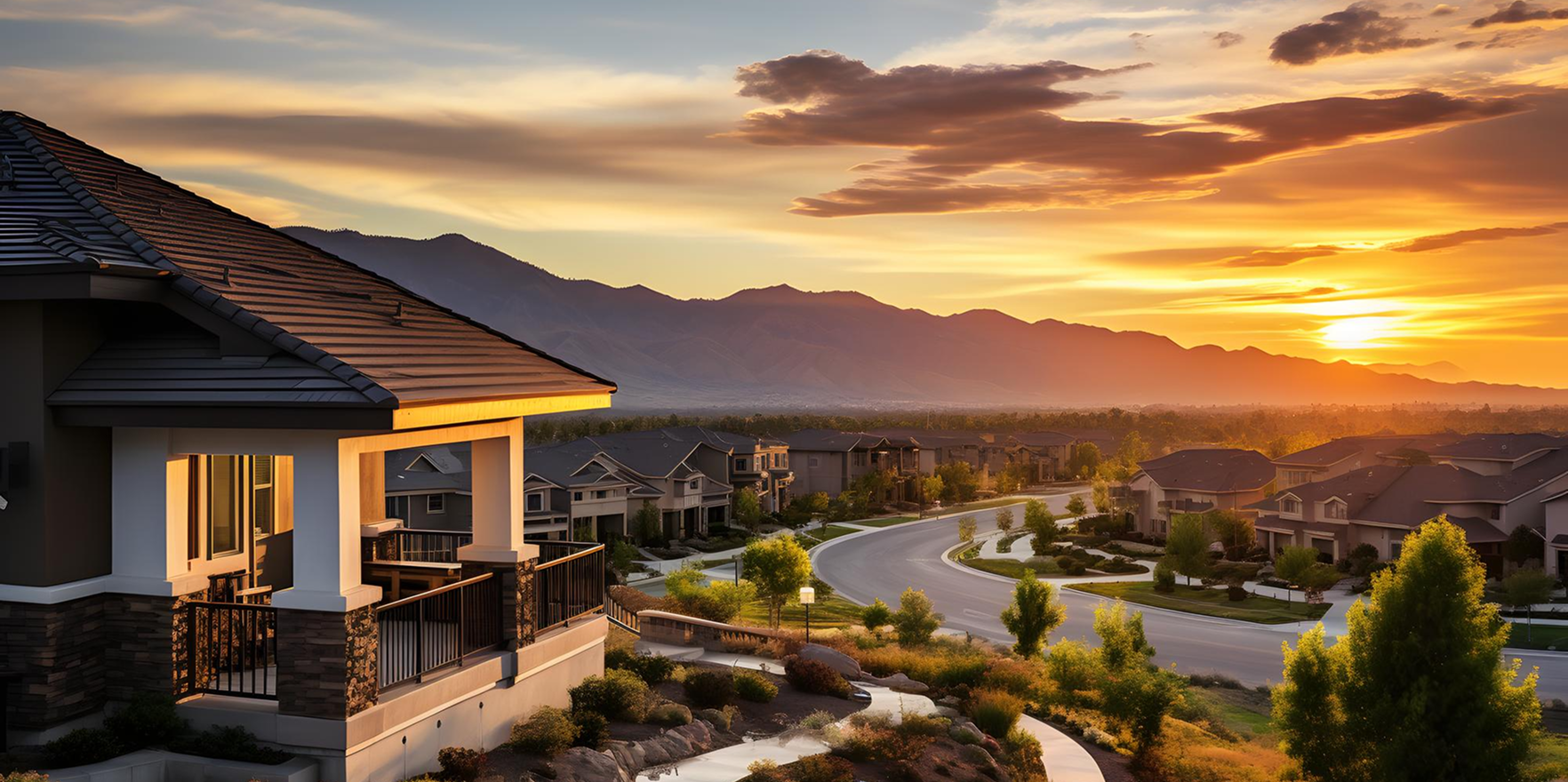 Suburban neighborhood with modern houses along a winding road at sunset with mountains in the background.