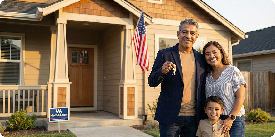 Smiling family of three standing in front of a house with a VA Home Loan sign and an American flag.