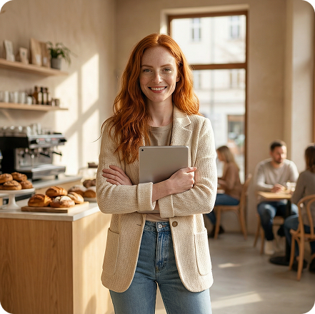 Smiling red-haired woman wearing a beige blazer and jeans, holding a tablet in a bright café with people seated in the background.