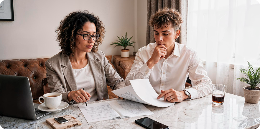 Two people reviewing and discussing documents at a marble table with a laptop, coffee, and smartphones nearby.