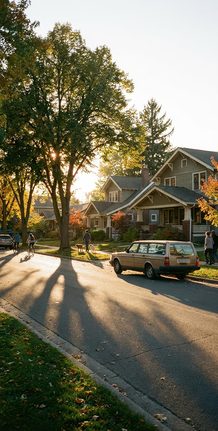 Sunlit residential street with large trees casting long shadows, people walking dogs, riding bikes, and houses with porches in the background.