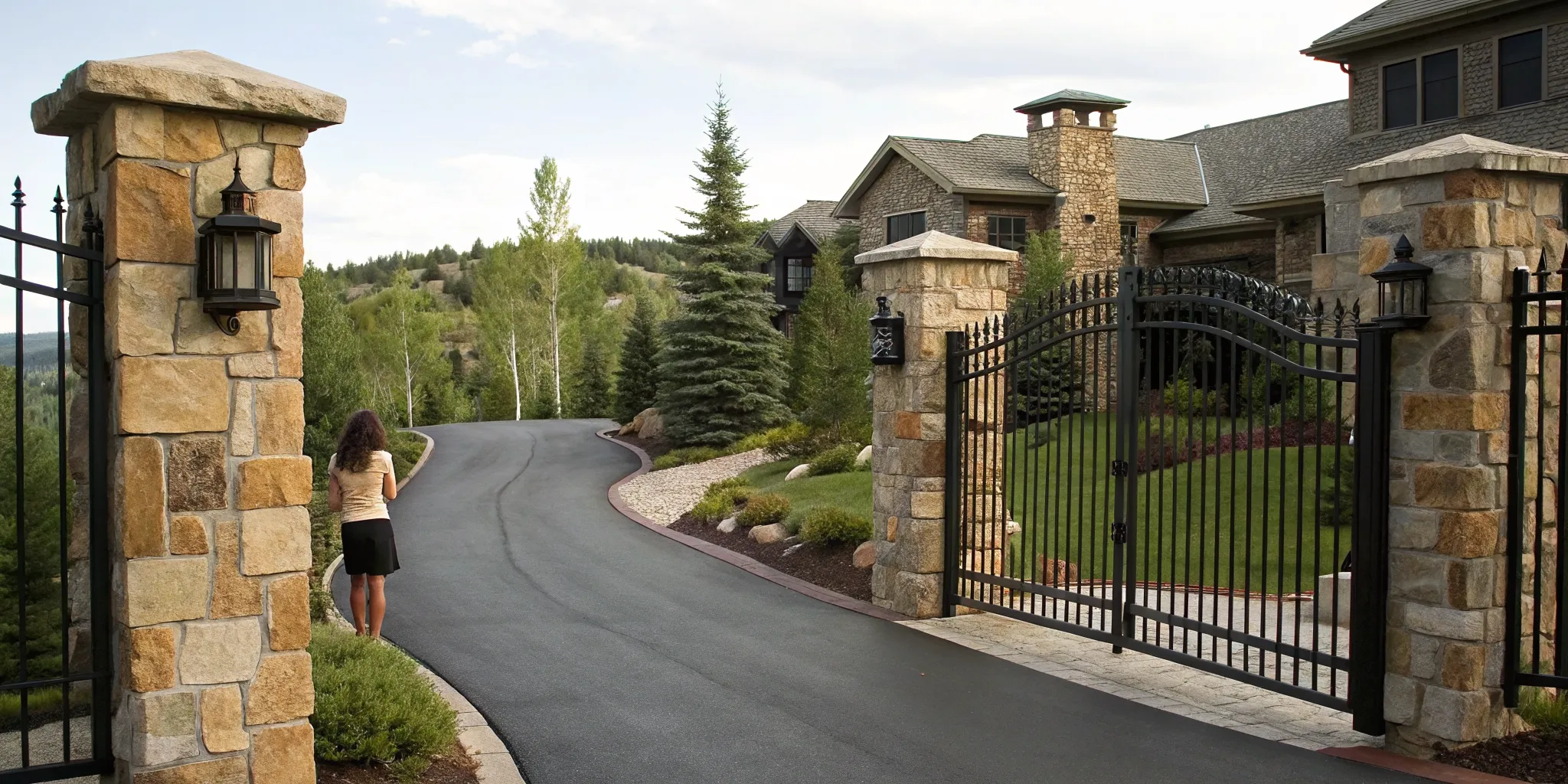 Gated luxury home with stone pillars and manicured landscaping in Holladay, Utah.