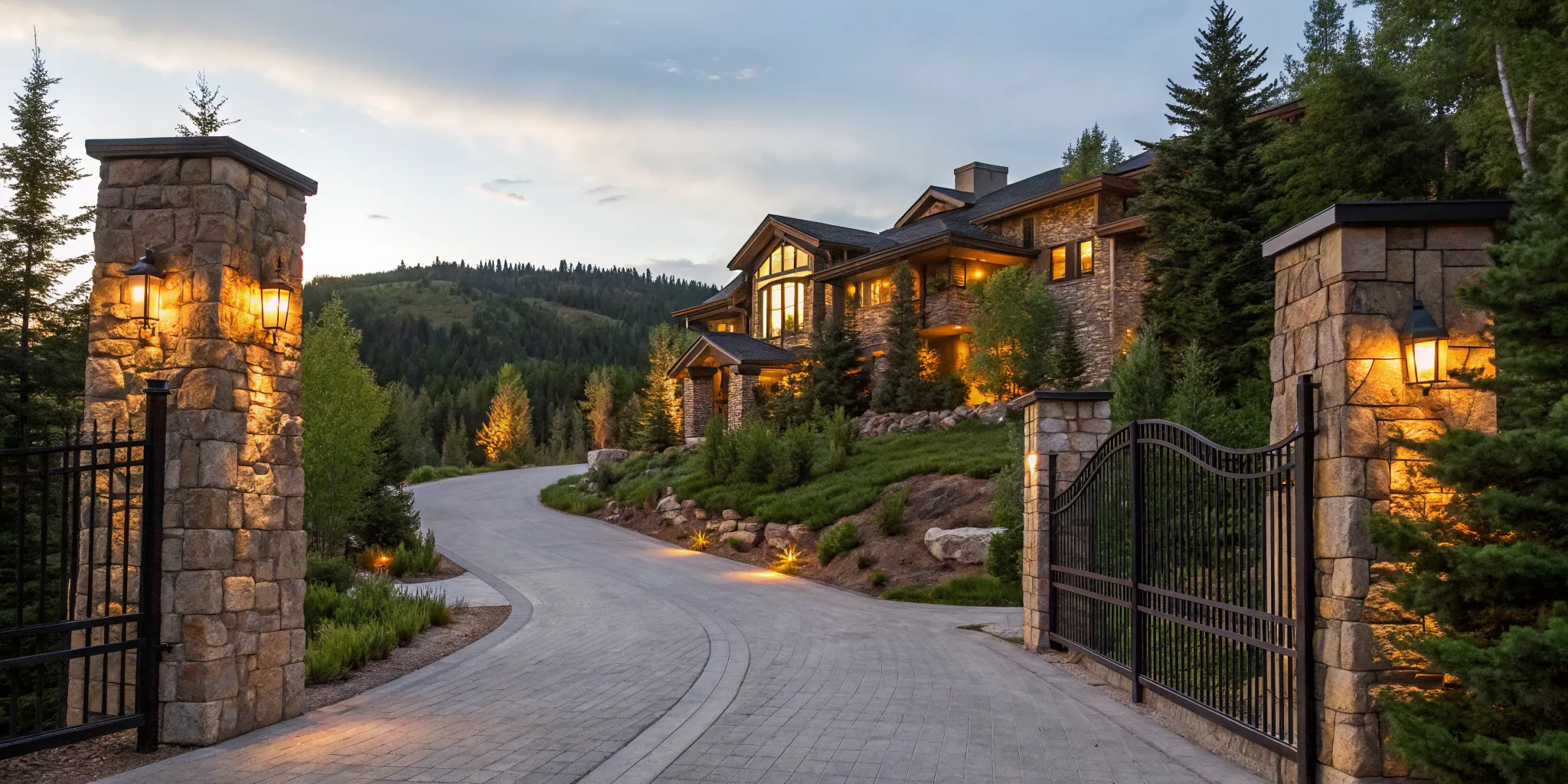 Luxury mountain home with a stone gate, a high-end property for sale in Downey, Idaho.