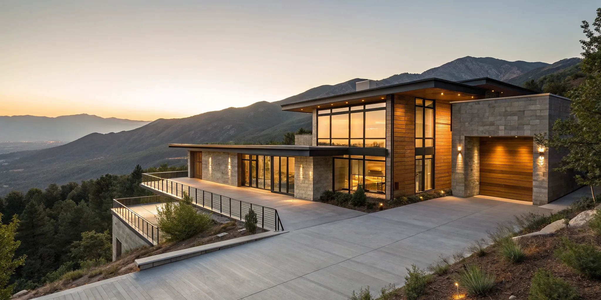 Modern luxury home in the mountains at sunset, financed with jumbo loan rates.