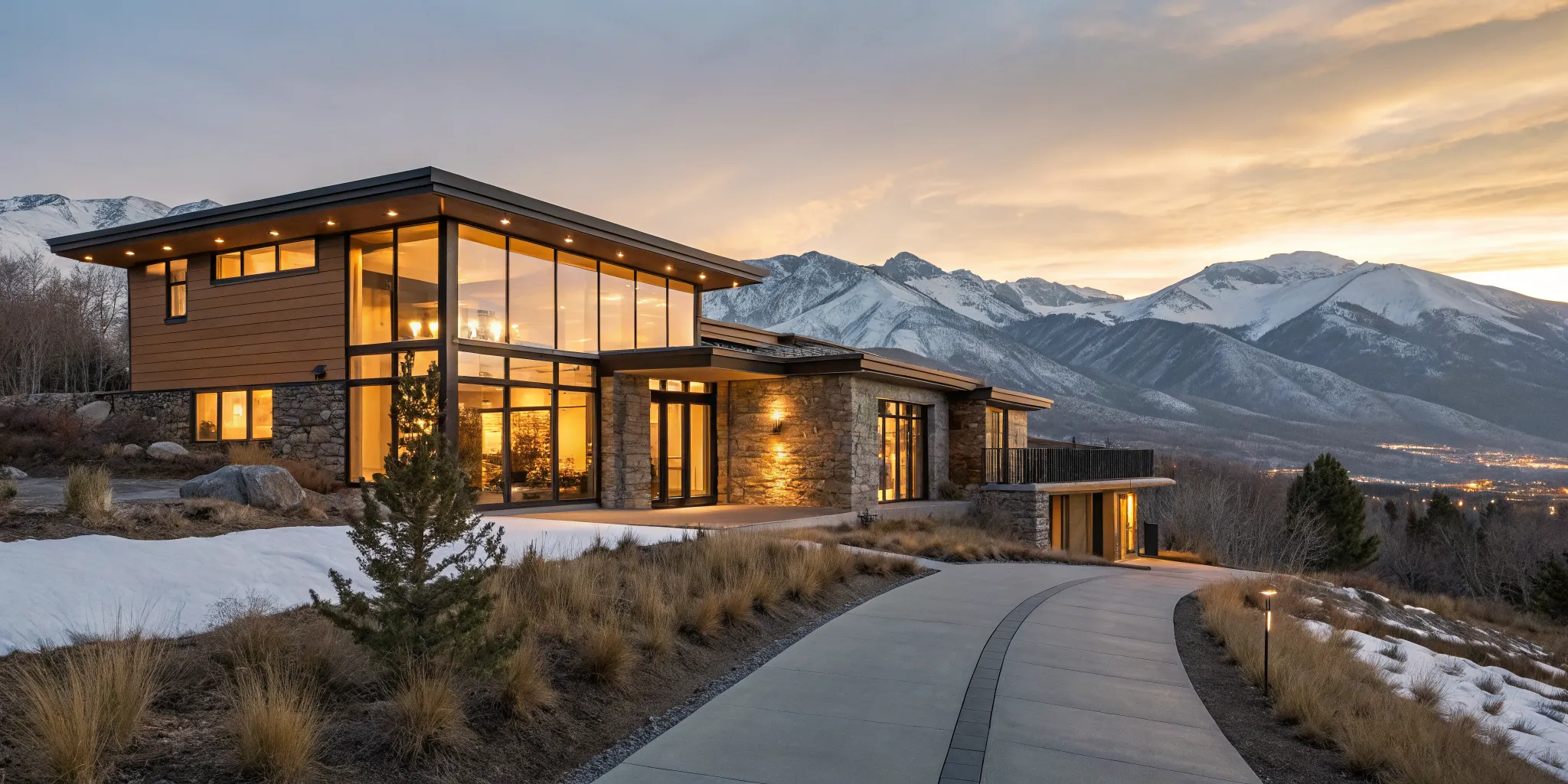 Modern mountain home at sunset, a property that would require a jumbo loan.