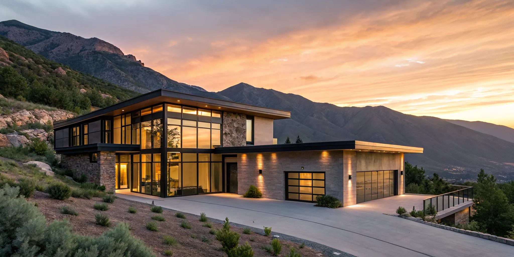 Modern luxury home at sunset, a property requiring an interest only jumbo loan calculator.