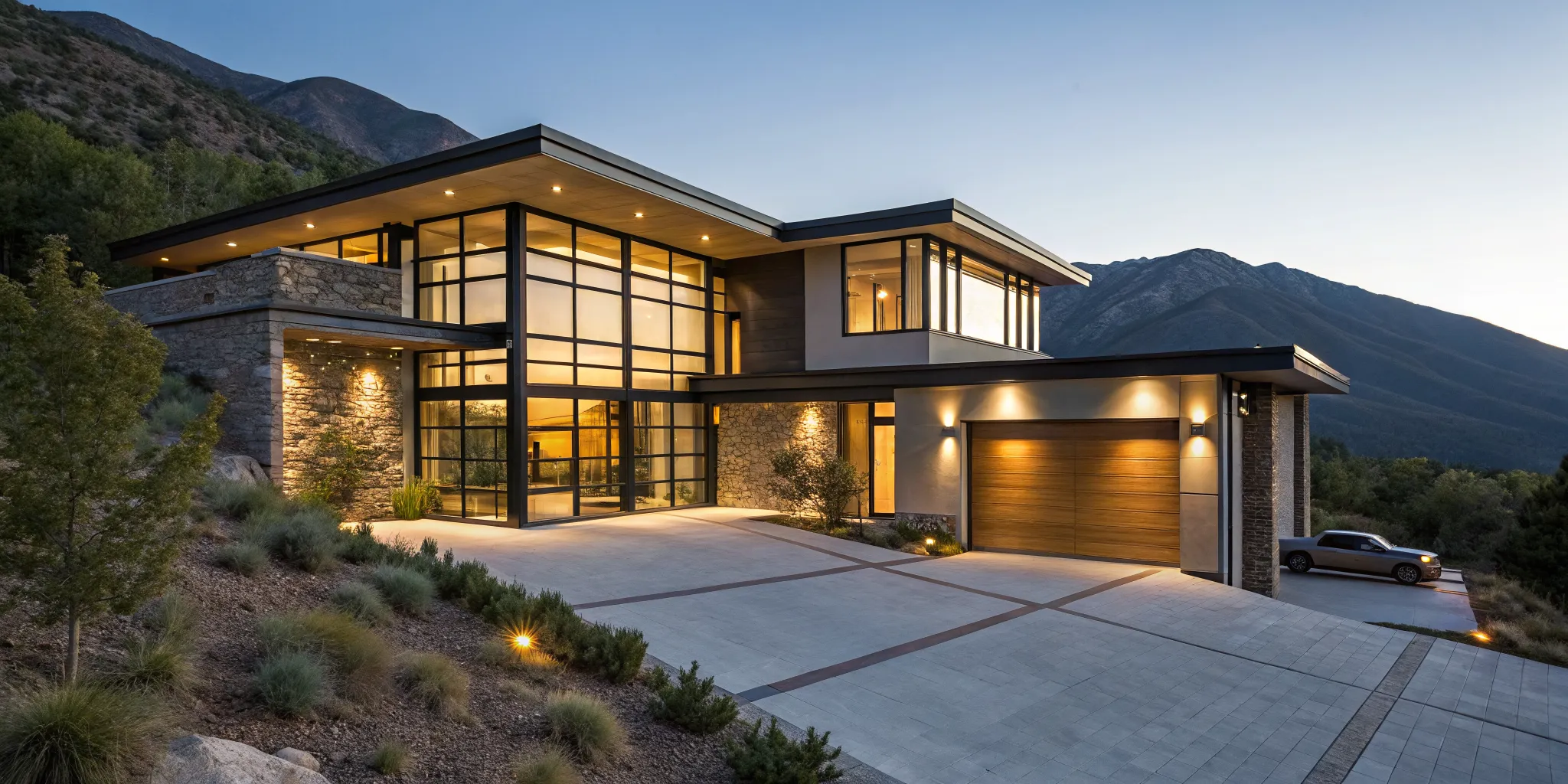 Modern vacation home with mountain views, its true cost determined with a mortgage calculator.