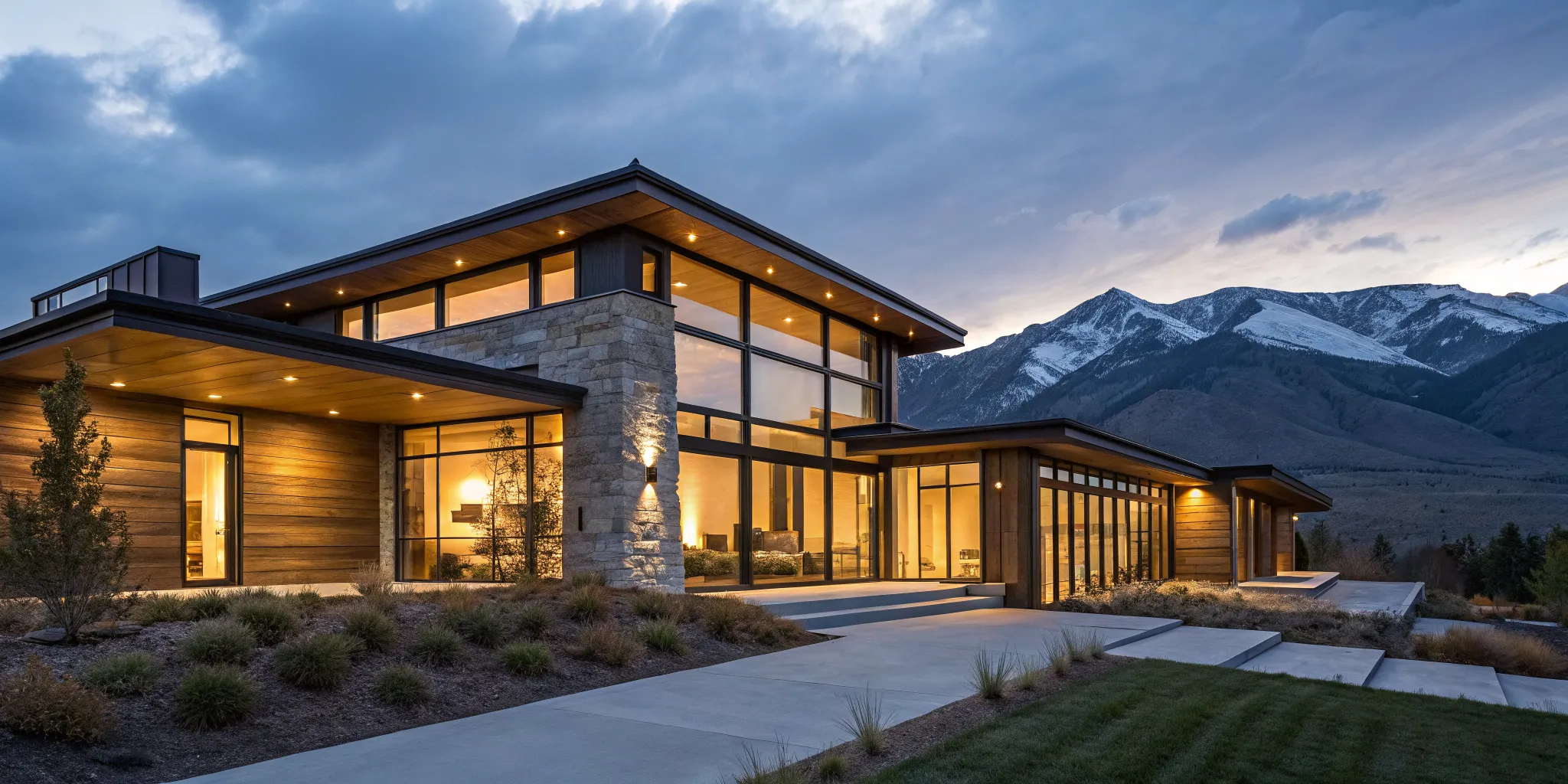 Modern mountain home at dusk, an ideal property to finance with an Airbnb loan at competitive rates.