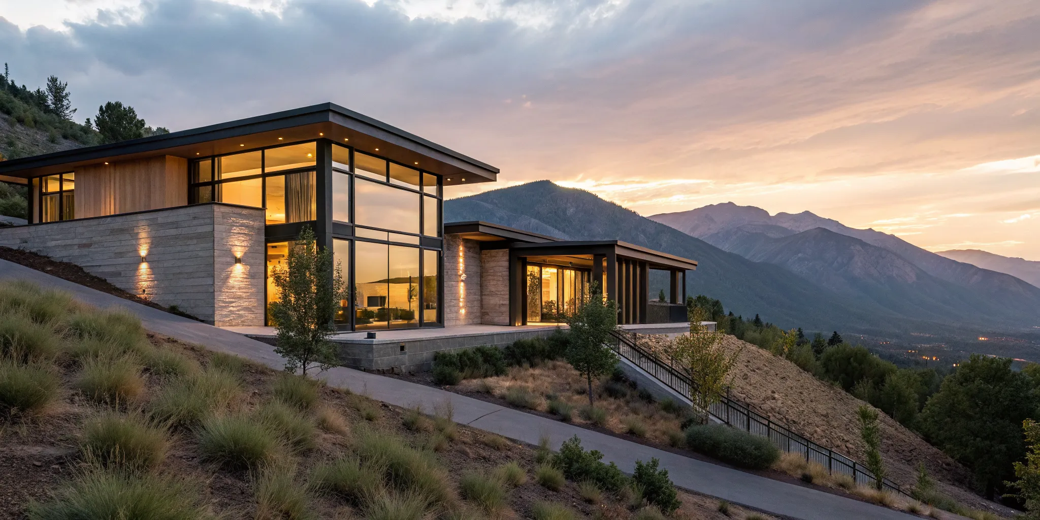 A modern house at sunset, a prime candidate for a 5/1 ARM loan refinance.