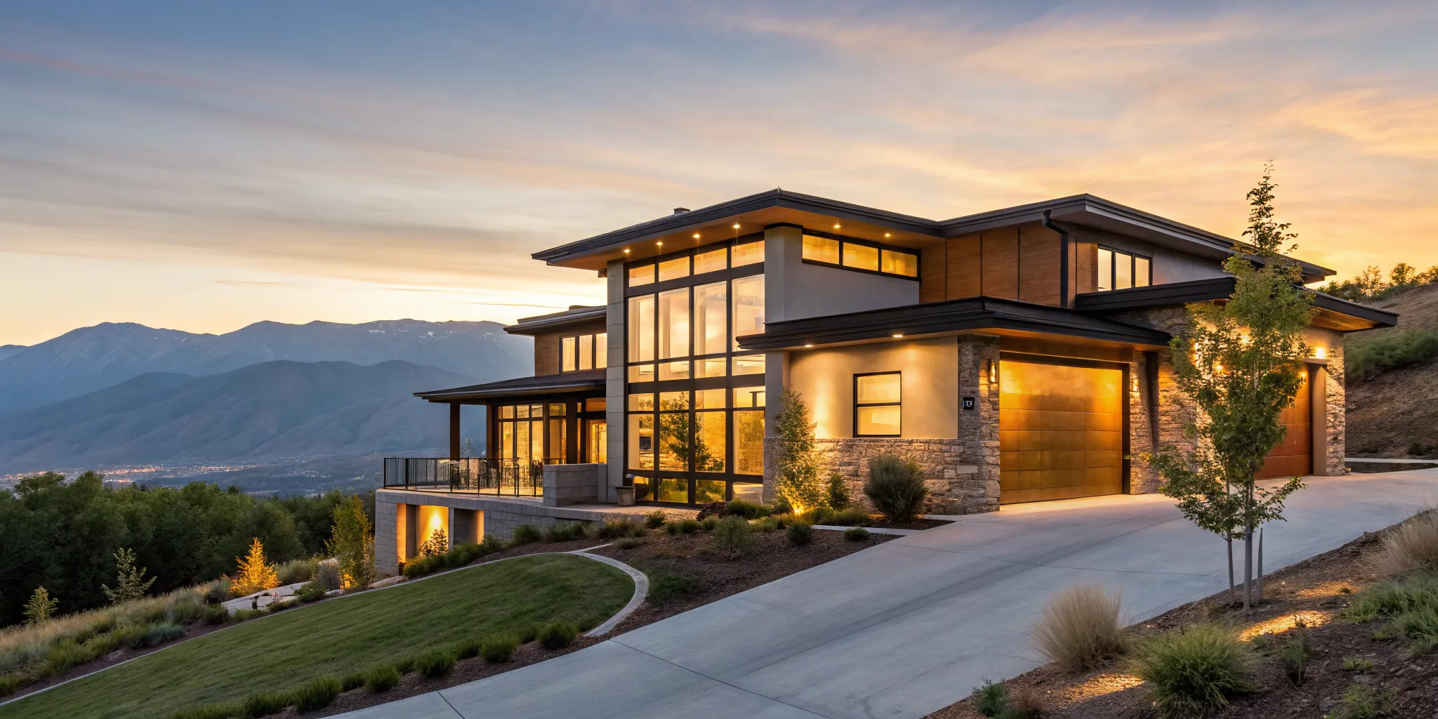 Luxury home financed with a jumbo mortgage, set against a mountain sunset.
