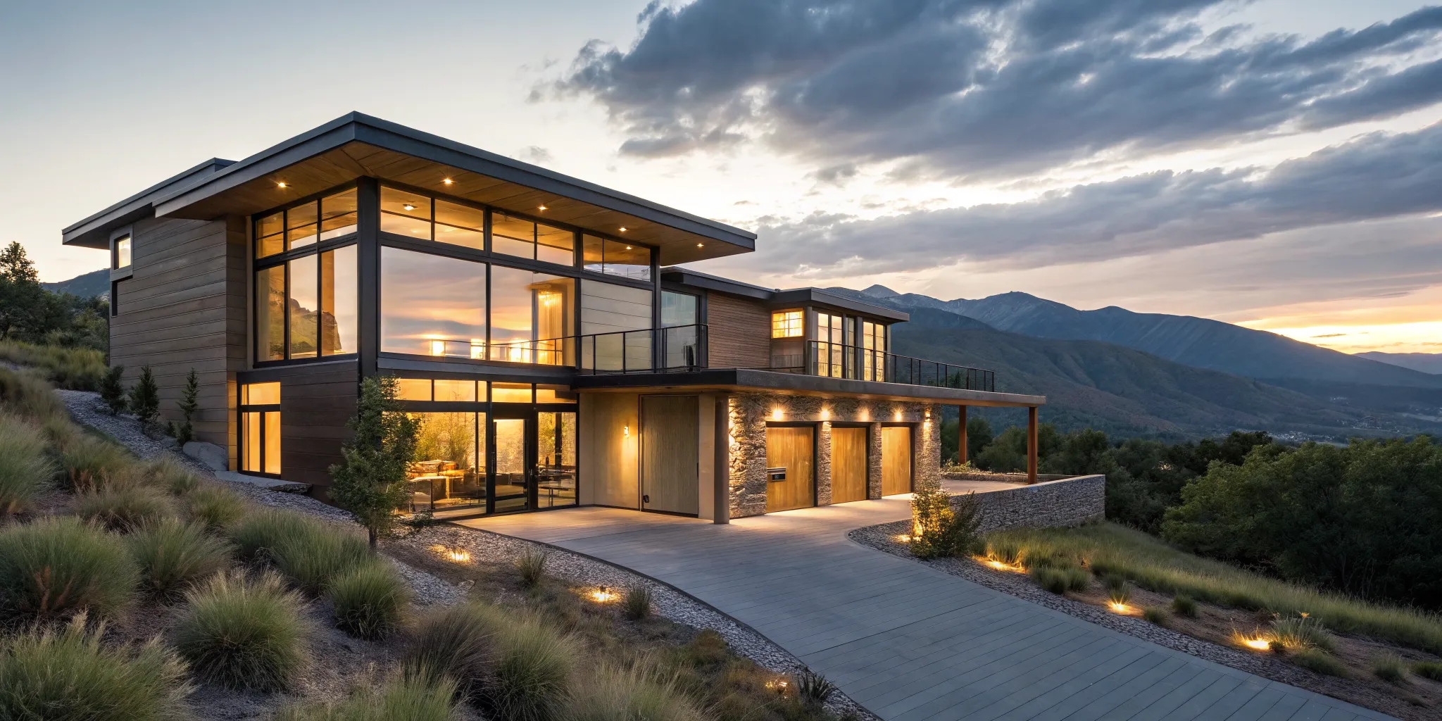 A modern mountain second home at sunset, financed with a jumbo loan.