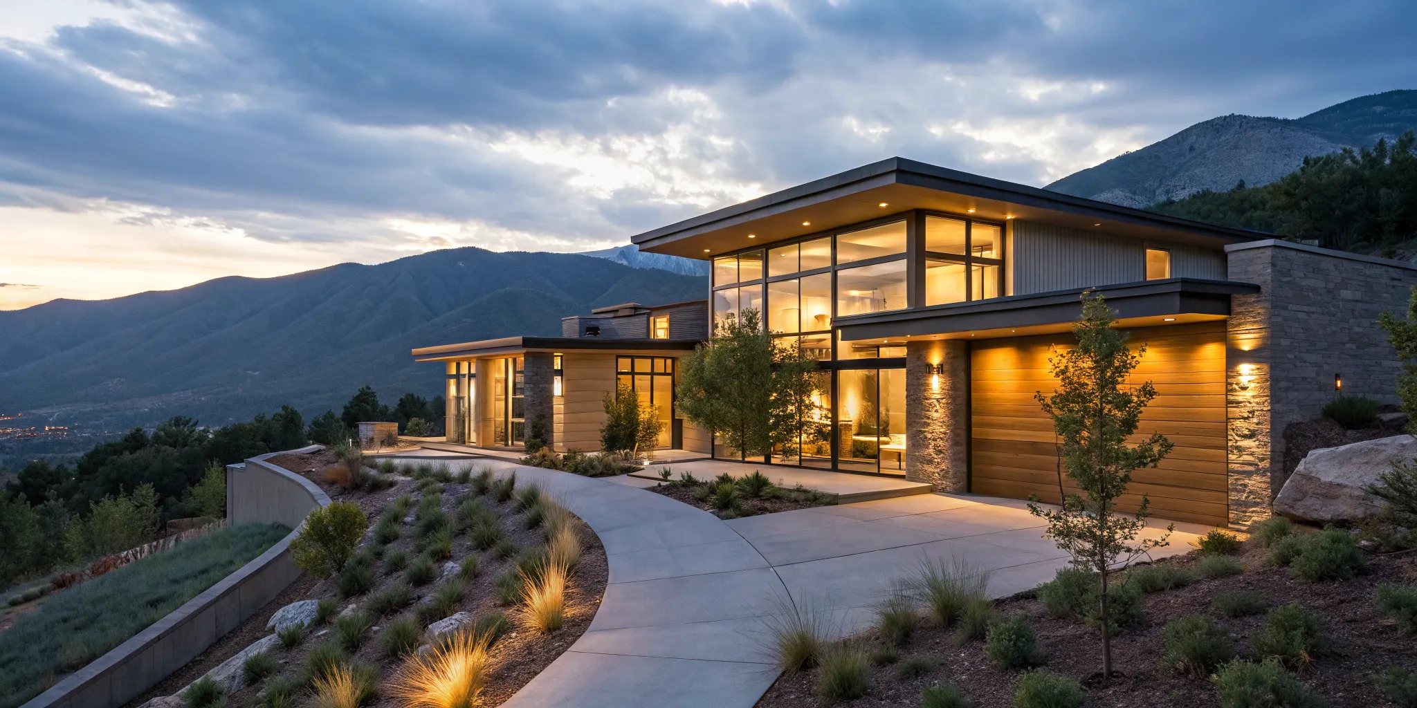 A modern mountain home requiring jumbo loan pre-approval for self-employed buyers.